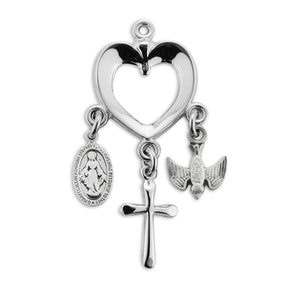 Heart Cross Necklace with Miraculous Medal and Holy Spirit Charms, Sterling Silver