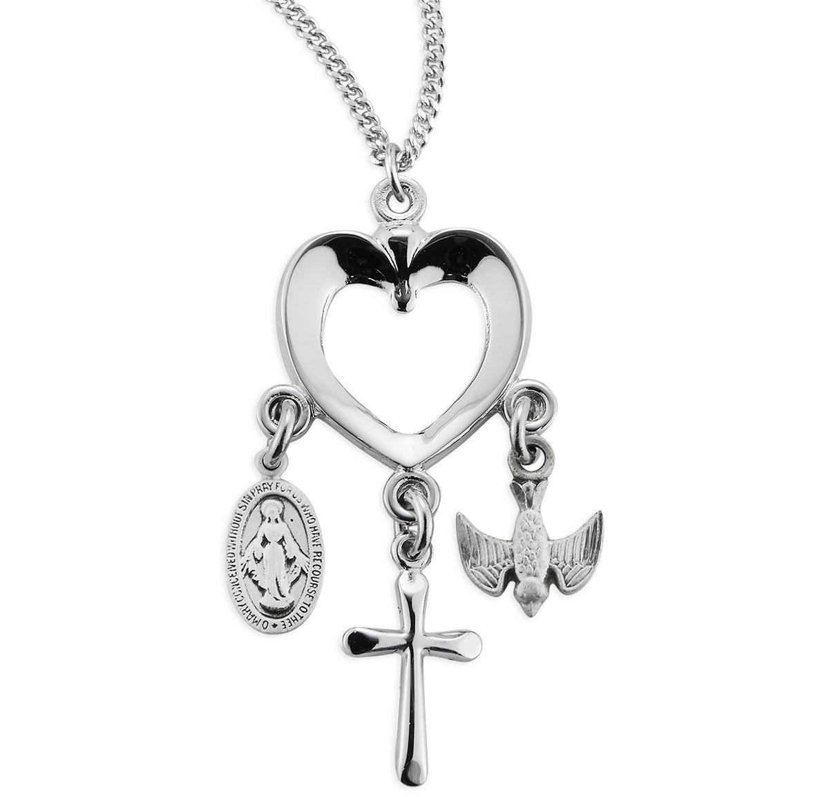 Heart Cross Necklace with Miraculous Medal and Holy Spirit Charms, Sterling Silver