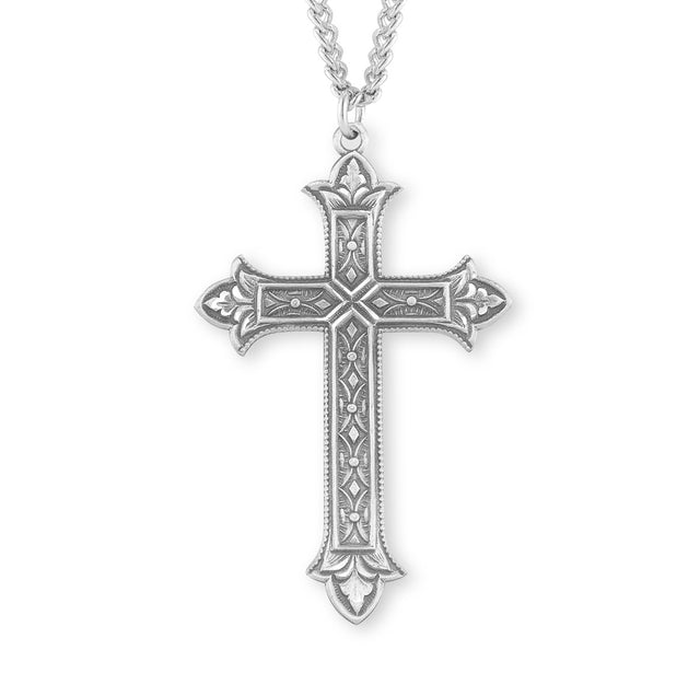 Heavy Extra Large Detailed Cross Necklace, Sterling Silver