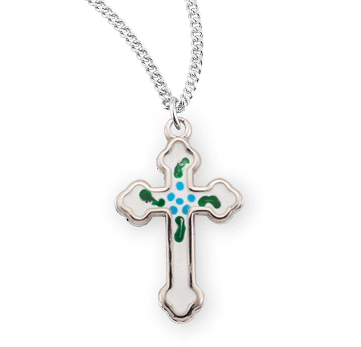 Budded Latin Enameled Cross Necklace, Sterling Silver