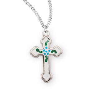 Budded Latin Enameled Cross Necklace, Sterling Silver
