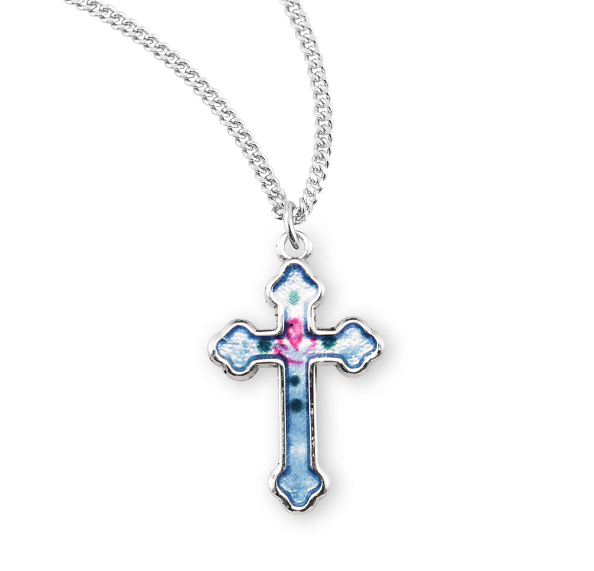 Rose Blue Enameled Cross Necklace, Sterling Silver