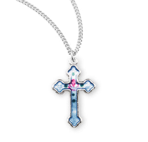 Rose Blue Enameled Cross Necklace, Sterling Silver