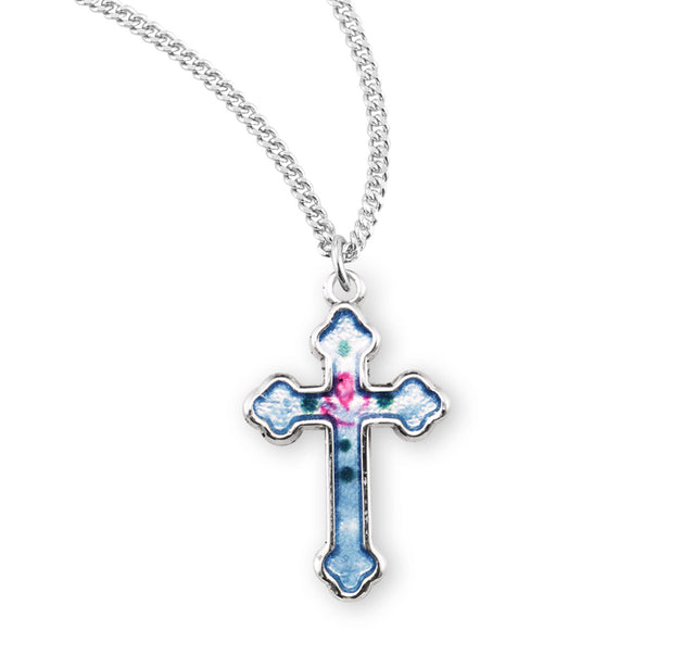 Rose Blue Enameled Cross Necklace, Sterling Silver