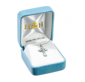 Rose Blue Enameled Cross Necklace, Sterling Silver