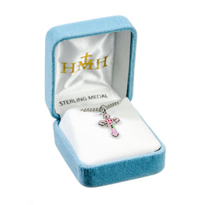 Pink Enameled Cross Necklace, Sterling Silver