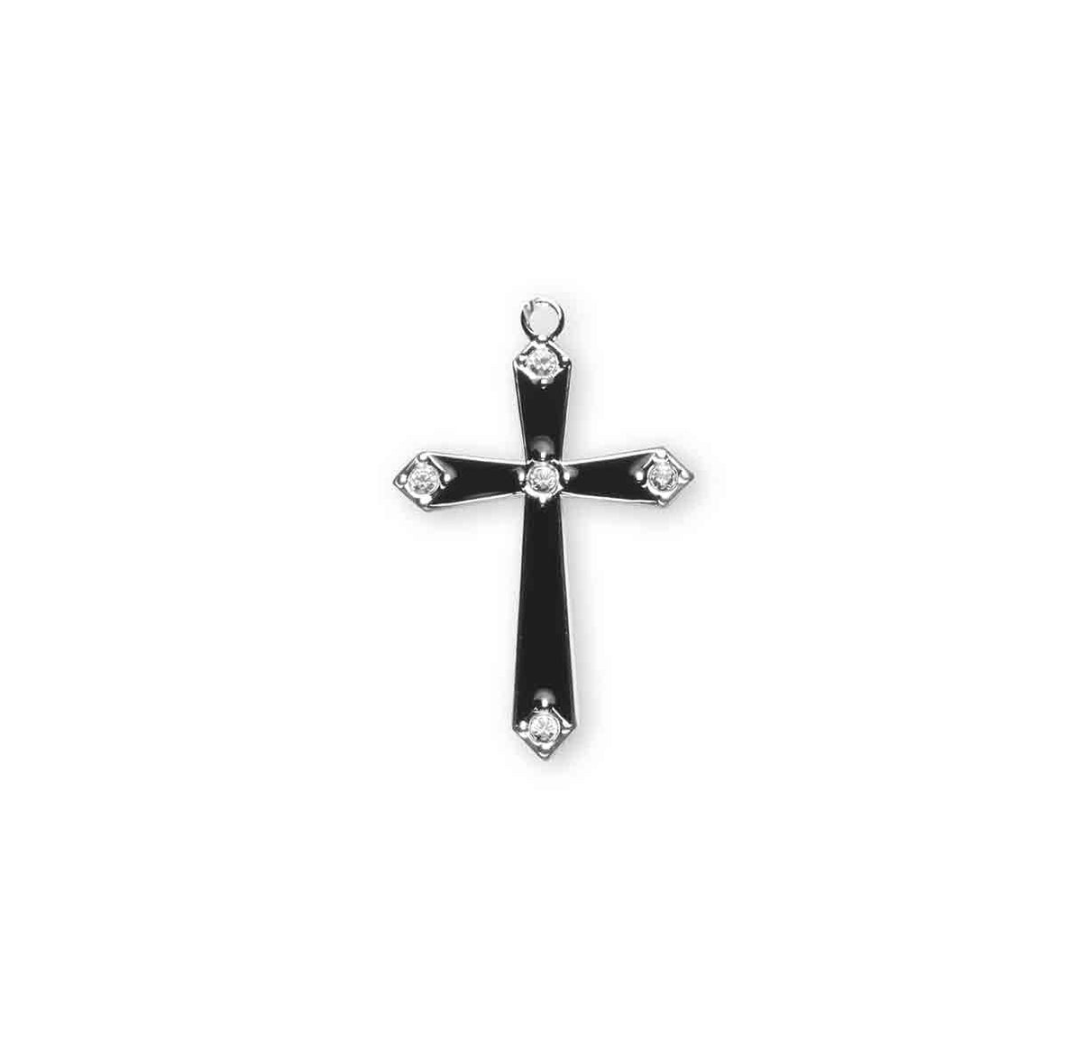 Crystal Black Enameled Cross Necklace, Sterling Silver
