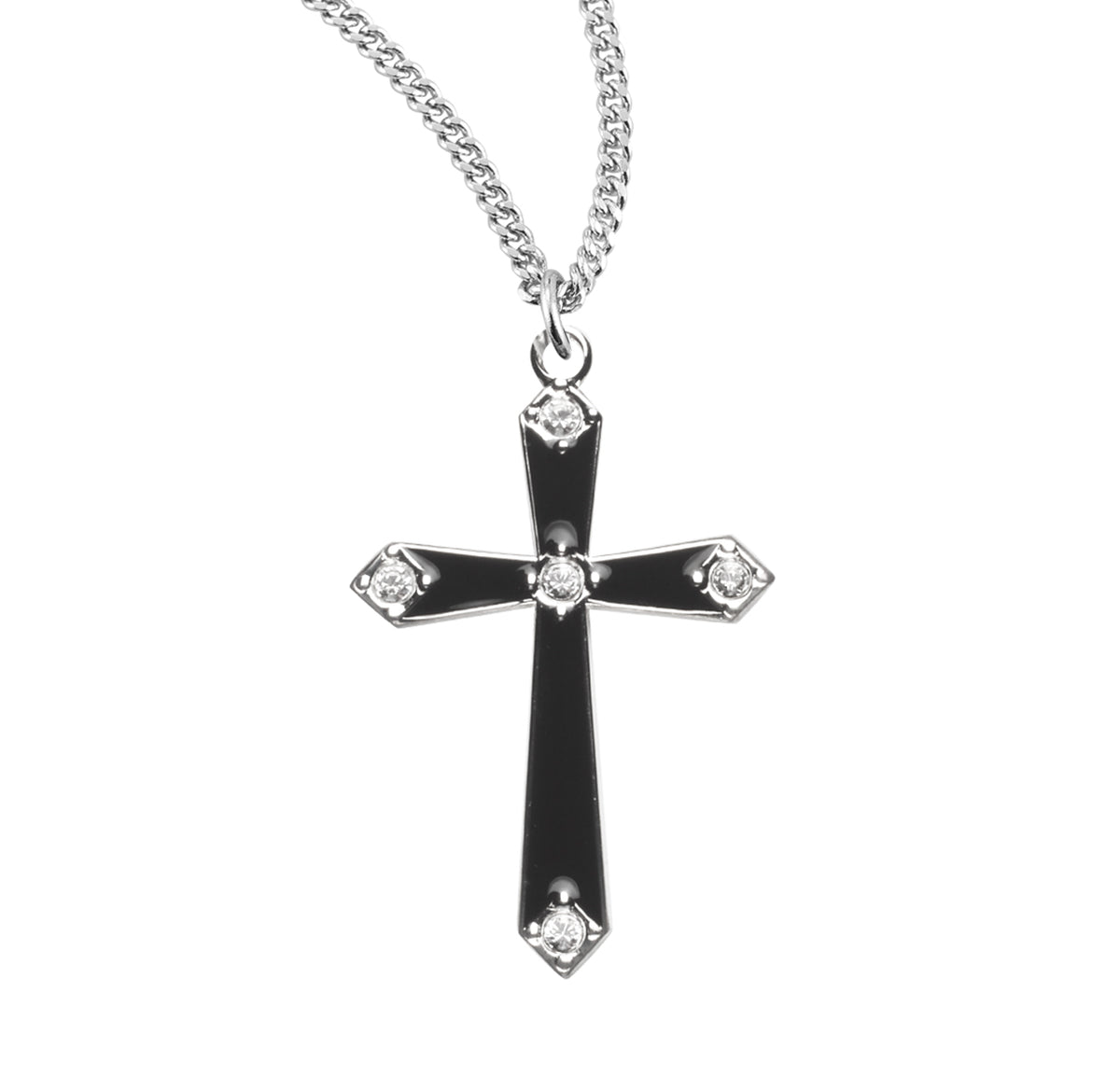 Crystal Black Enameled Cross Necklace, Sterling Silver