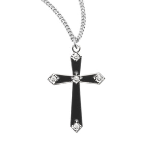 Crystal Black Enameled Cross Necklace, Sterling Silver