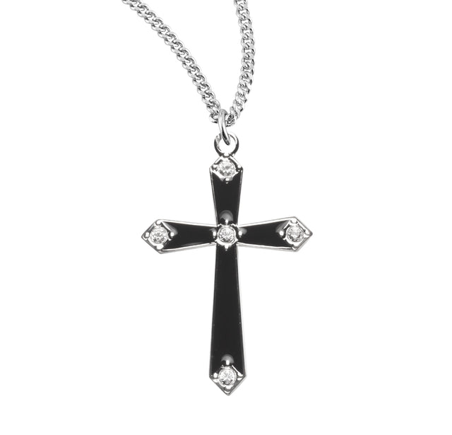 Crystal Black Enameled Cross Necklace, Sterling Silver