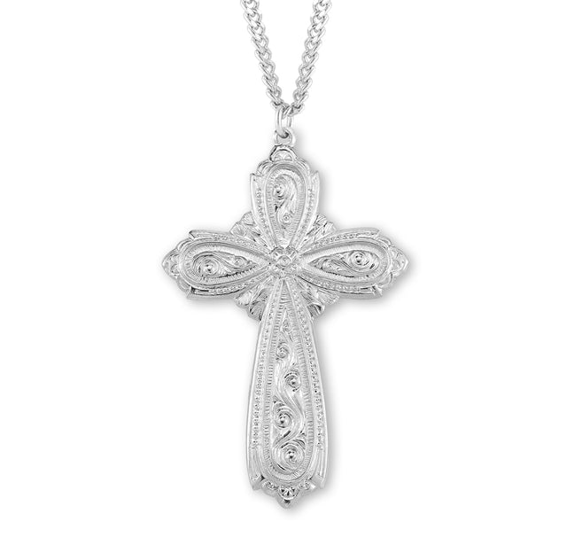 Heavy Extra Large Fancy Cross Necklace, Sterling Silver
