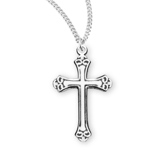 Swirl Tip Black Enameled Cross Necklace, Sterling Silver