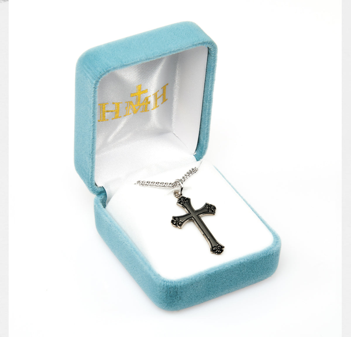 Swirl Tip Black Enameled Cross Necklace, Sterling Silver