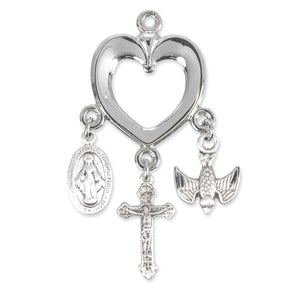 Heart Crucifix Necklace with Miraculous Medal, and Holy Spirit Charm, Sterling Silver