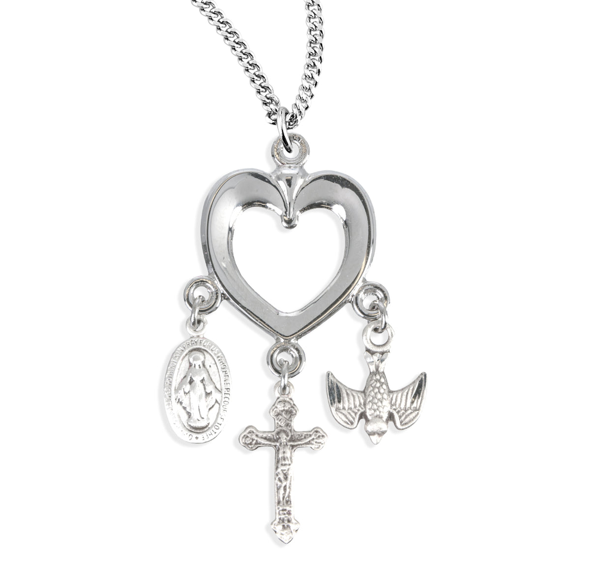 Heart Crucifix Necklace with Miraculous Medal, and Holy Spirit Charm, Sterling Silver