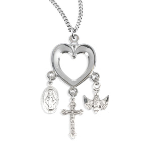 Heart Crucifix Necklace with Miraculous Medal, and Holy Spirit Charm, Sterling Silver