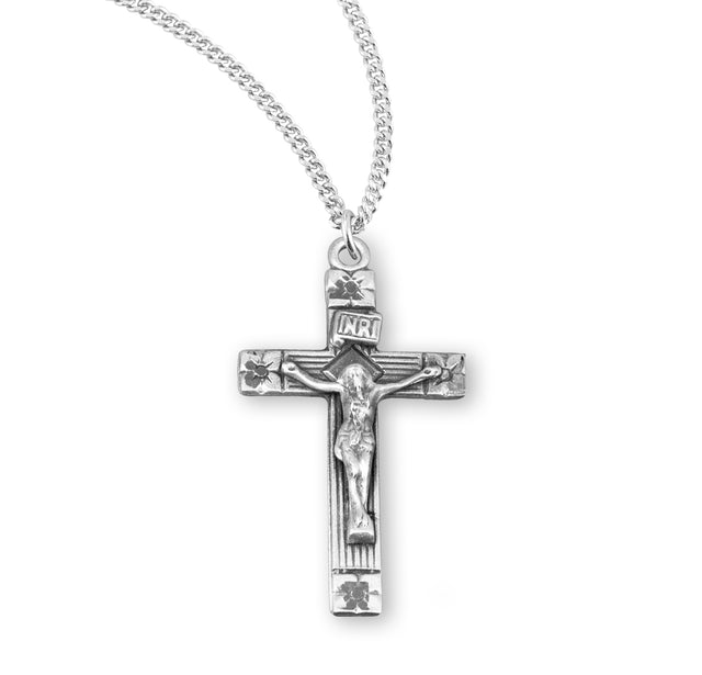 Flower Tip Crucifix Necklace, Sterling Silver