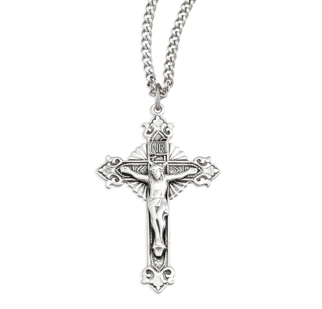 Starburst Crucifix Necklace with Fancy Tips, Sterling Silver