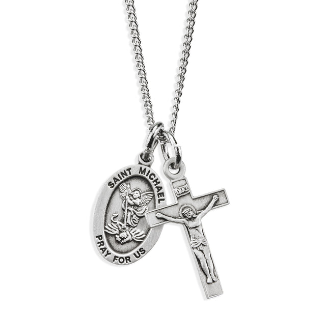 Oval Small Saint Michael Medal and Small Crucifix Necklace, Sterling Silver