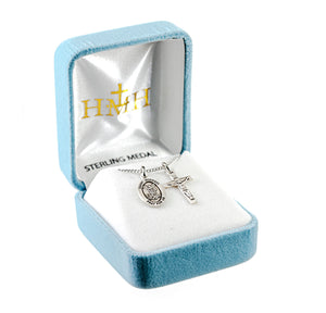 Oval Small Saint Michael Medal and Small Crucifix Necklace, Sterling Silver