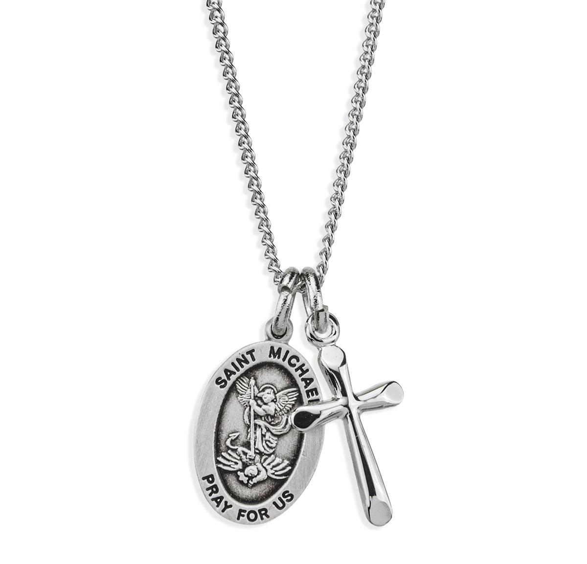 Small Saint Michael Medal and Small Cross Necklace, Sterling Silver