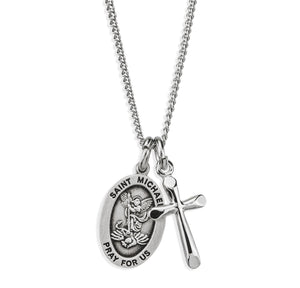 Small Saint Michael Medal and Small Cross Necklace, Sterling Silver