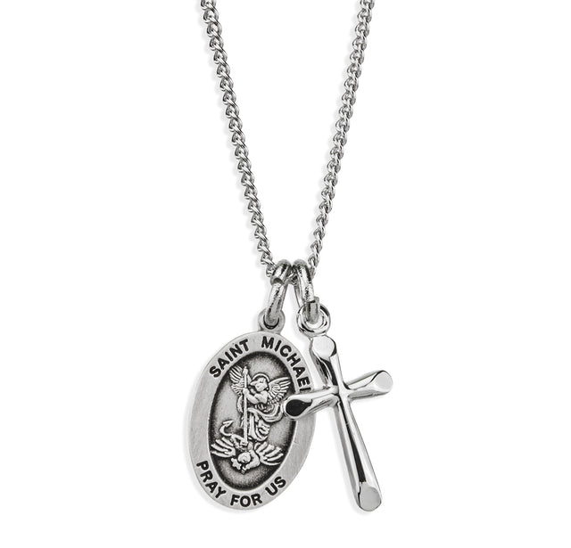 Small Saint Michael Medal and Small Cross Necklace, Sterling Silver