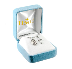 Small Saint Michael Medal and Small Cross Necklace, Sterling Silver