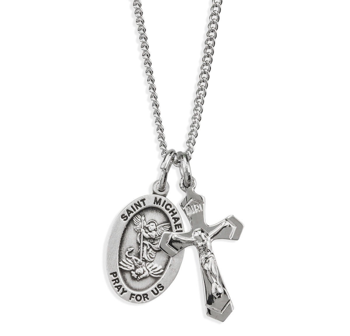 High Polished Small Saint Michael Medal and Small Crucifix Necklace, Sterling Silver