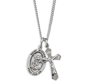 High Polished Small Saint Michael Medal and Small Crucifix Necklace, Sterling Silver