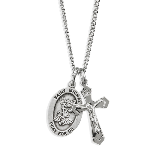 High Polished Small Saint Michael Medal and Small Crucifix Necklace, Sterling Silver