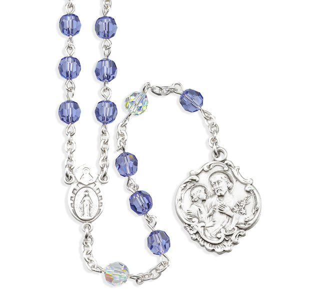 St. Joseph Chaplet, 6mm Tanzanite Swarovski Crystal Beads, Sterling Silver