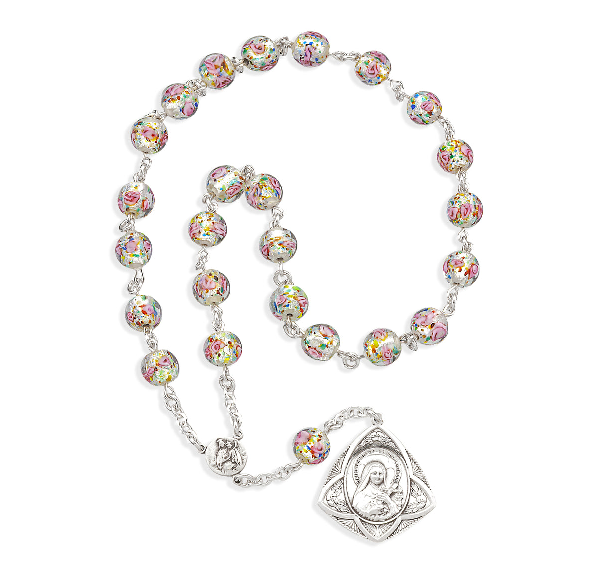 St. Therese Chaplet with Our Lady of Mt. Carmel Center, 8mm Floral Glass Beads, Sterling Silver