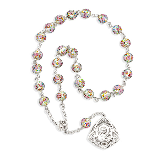 St. Therese Chaplet with Our Lady of Mt. Carmel Center, 8mm Floral Glass Beads, Sterling Silver