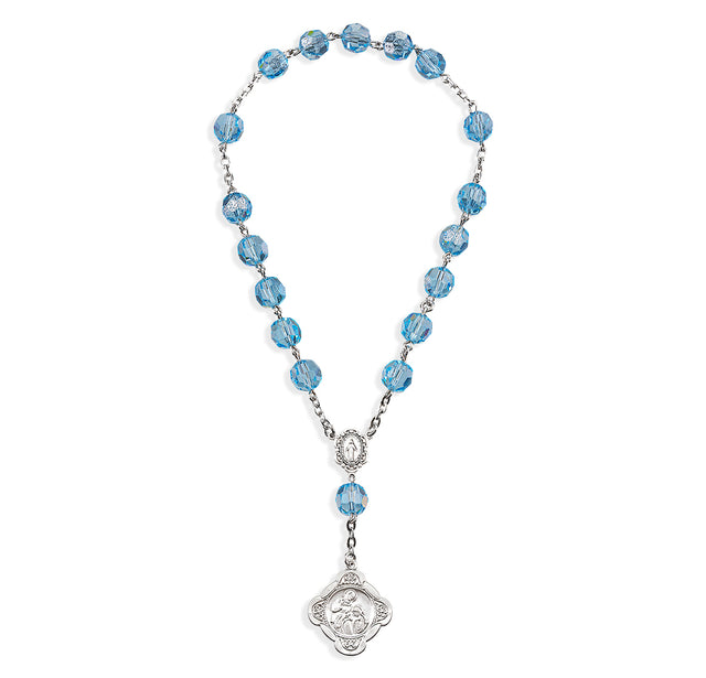 St. Ann Chaplet, 7mm Light Sapphire Swarovski Crystal Beads, Sterling Silver