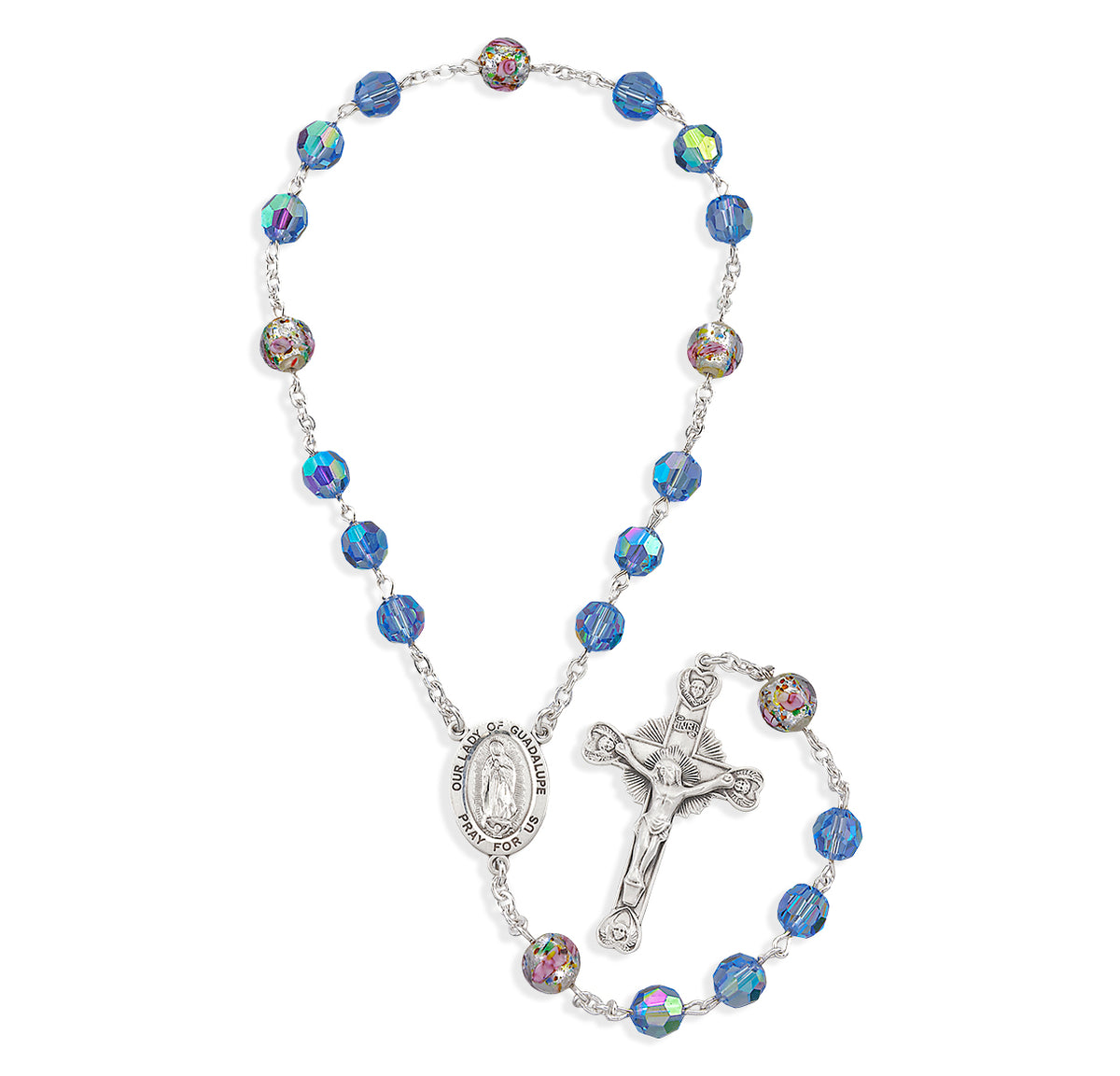 Our Lady of Guadalupe Chaplet, Light Sapphire Swarovski Crystal and Floral Glass Beads, Sterling Silver