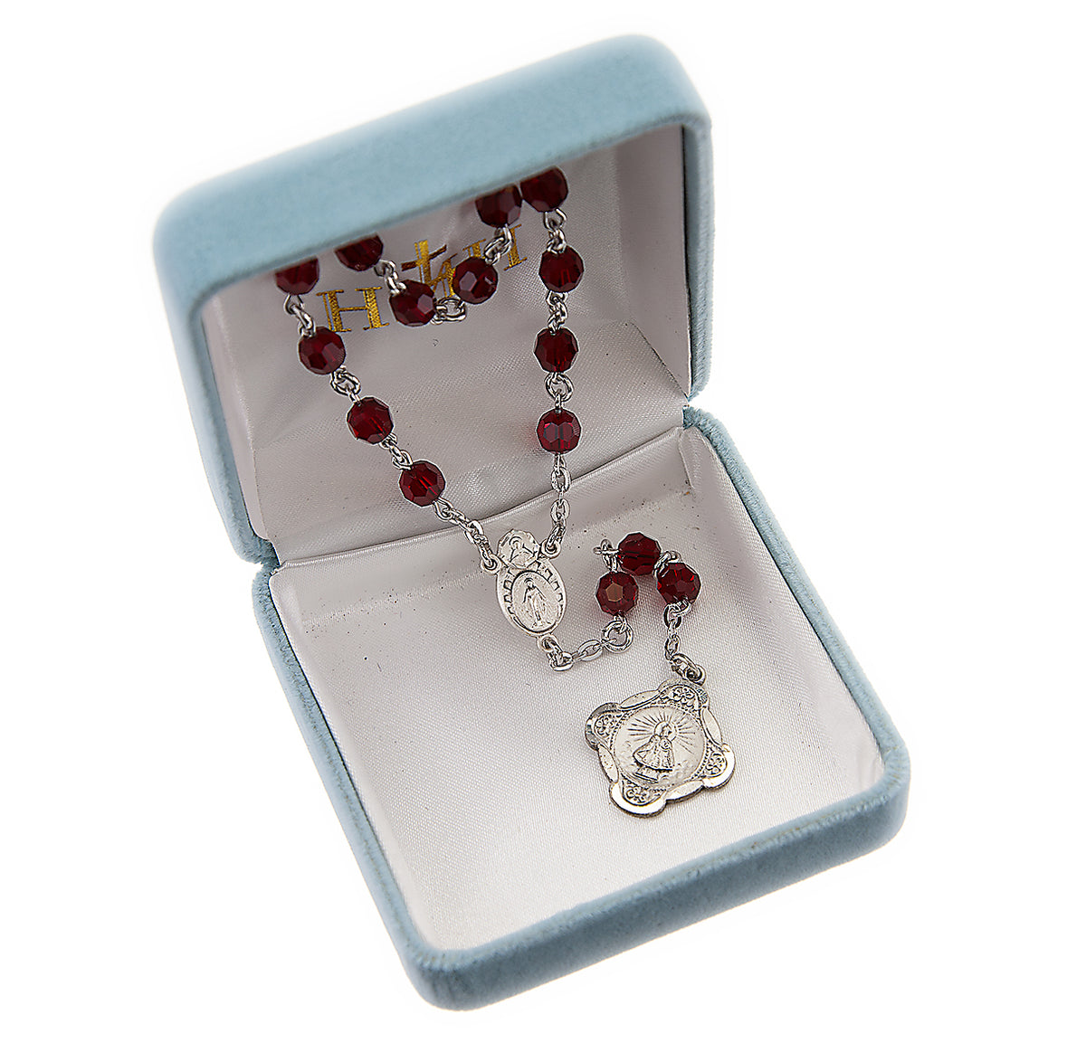 Infant Jesus of Prague Chaplet, 6mm Ruby Swarovski Crystal Beads, Sterling Silver