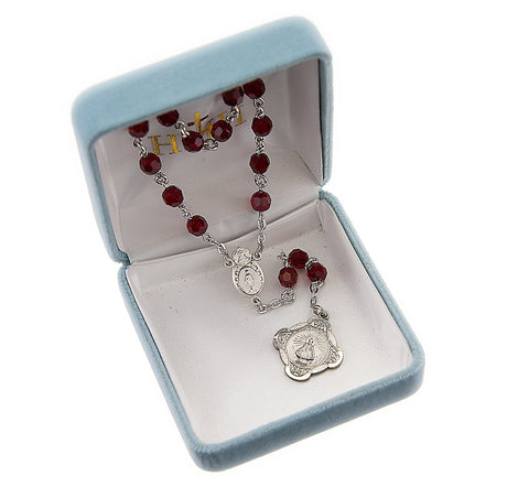 Infant Jesus of Prague Chaplet, 6mm Ruby Swarovski Crystal Beads, Sterling Silver