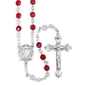 Sacred Heart of Jesus Chaplet, 6mm Blood Red and Clear Swarovski Crystal Beads, Sterling Silver