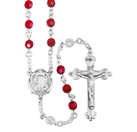 Sacred Heart of Jesus Chaplet, 6mm Blood Red and Clear Swarovski Crystal Beads, Sterling Silver