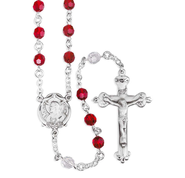 Sacred Heart of Jesus Chaplet, 6mm Blood Red and Clear Swarovski Crystal Beads, Sterling Silver