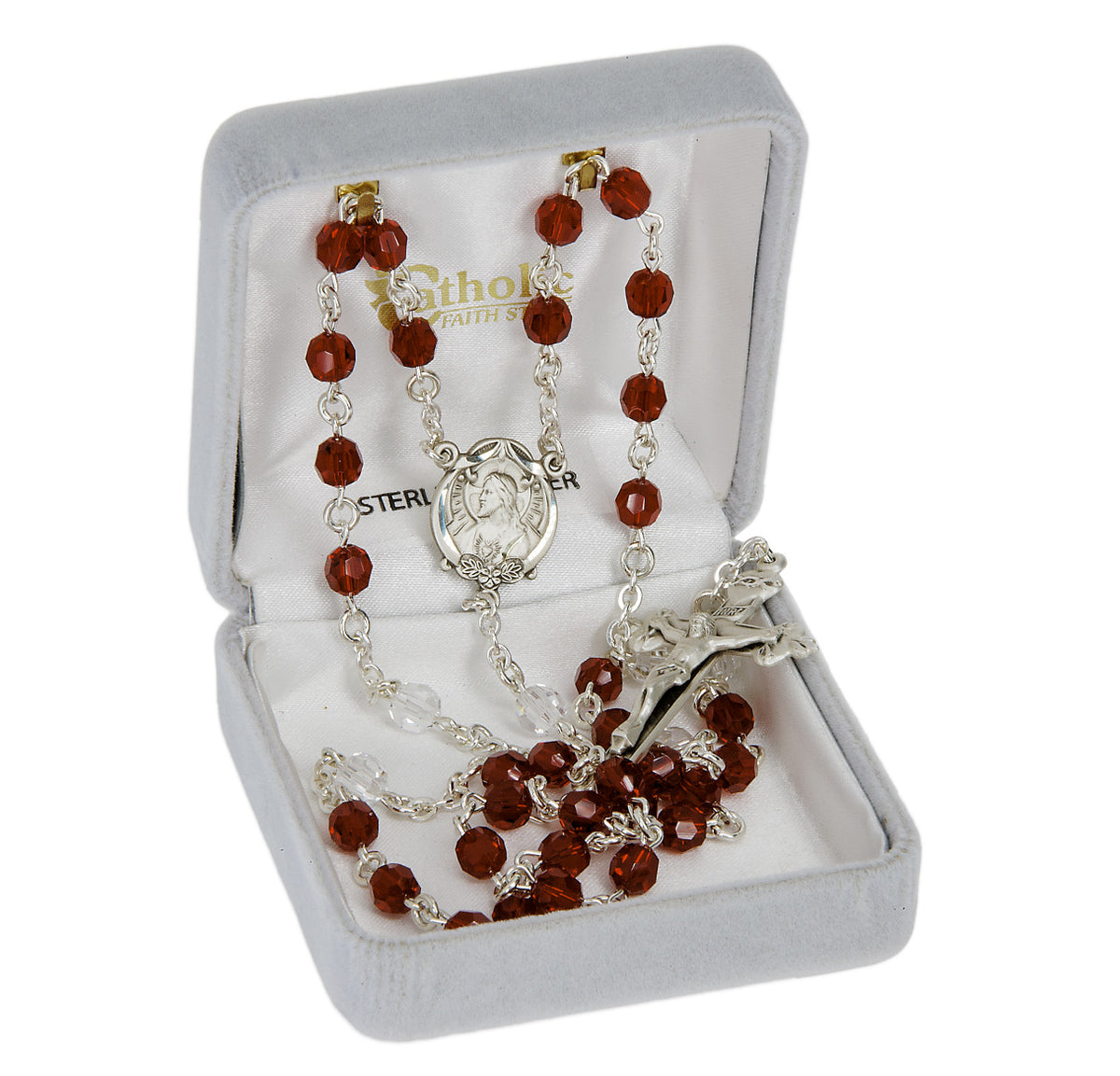 Sacred Heart of Jesus Chaplet, 6mm Blood Red and Clear Swarovski Crystal Beads, Sterling Silver