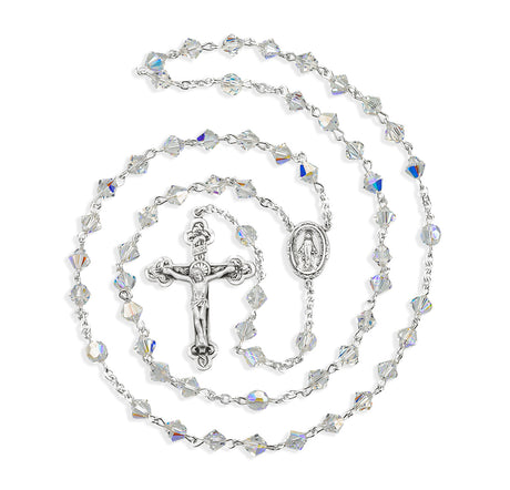 6mm Aurora Borealis Swarovski Crystal Bi-Cone Bead Rosary, Sterling Silver