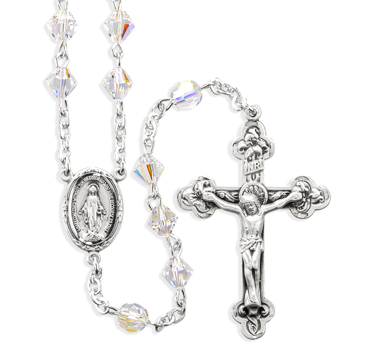 6mm Aurora Borealis Swarovski Crystal Bi-Cone Bead Rosary, Sterling Silver