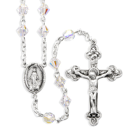 6mm Aurora Borealis Swarovski Crystal Bi-Cone Bead Rosary, Sterling Silver