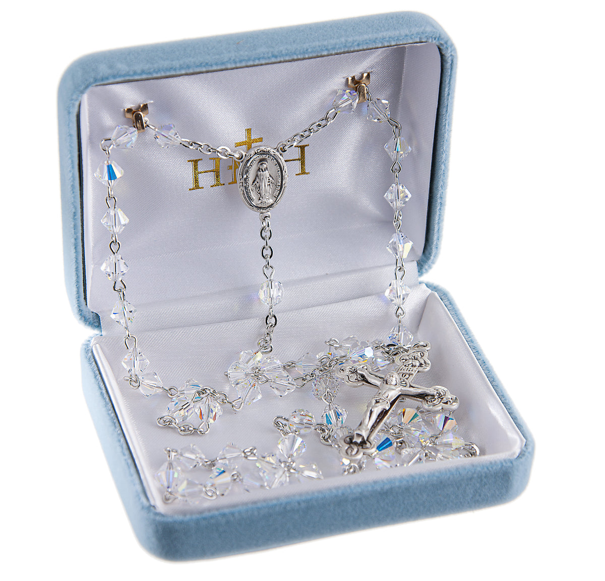 6mm Aurora Borealis Swarovski Crystal Bi-Cone Bead Rosary, Sterling Silver
