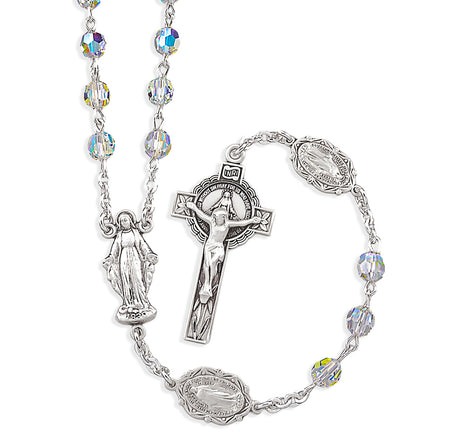 6mm Aurora Borealis Swarovski Crystal Miraculous Rosary, Sterling Silver