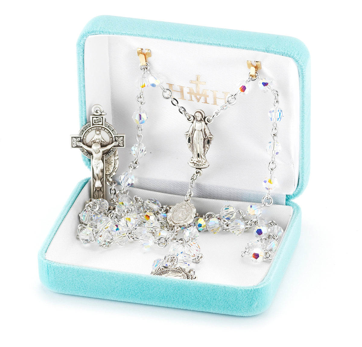 6mm Aurora Borealis Swarovski Crystal Miraculous Rosary, Sterling Silver