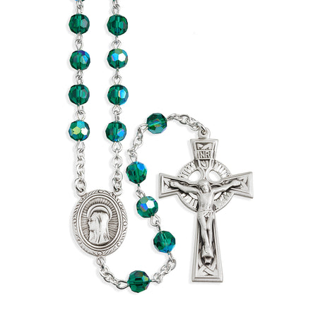 6mm Emerald Swarovski Crystal Rosary, Sterling Silver