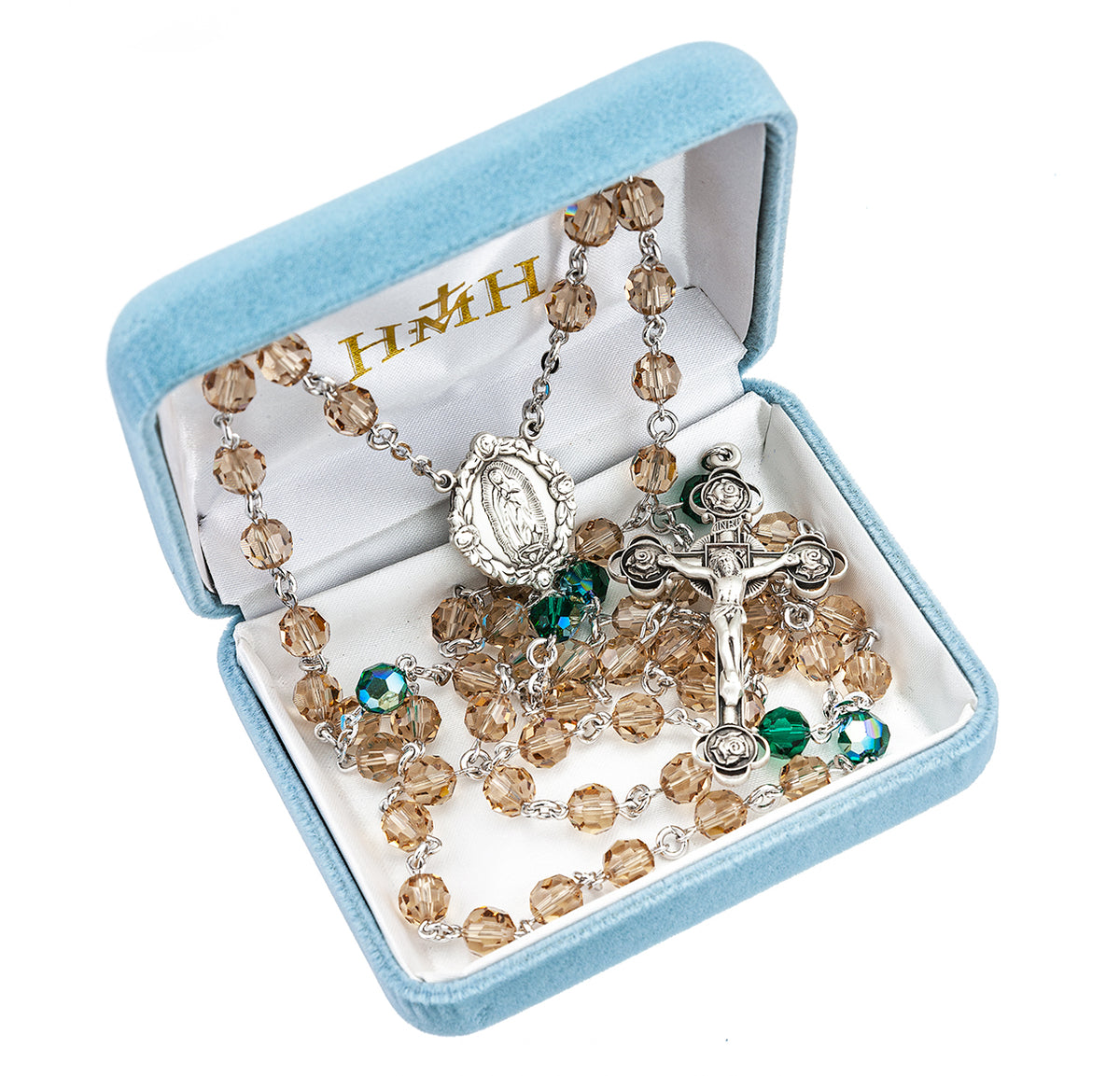 Our Lady of Guadalupe Rosary, 6mm Topaz and Emerald Swarovski Crystal, Sterling Silver